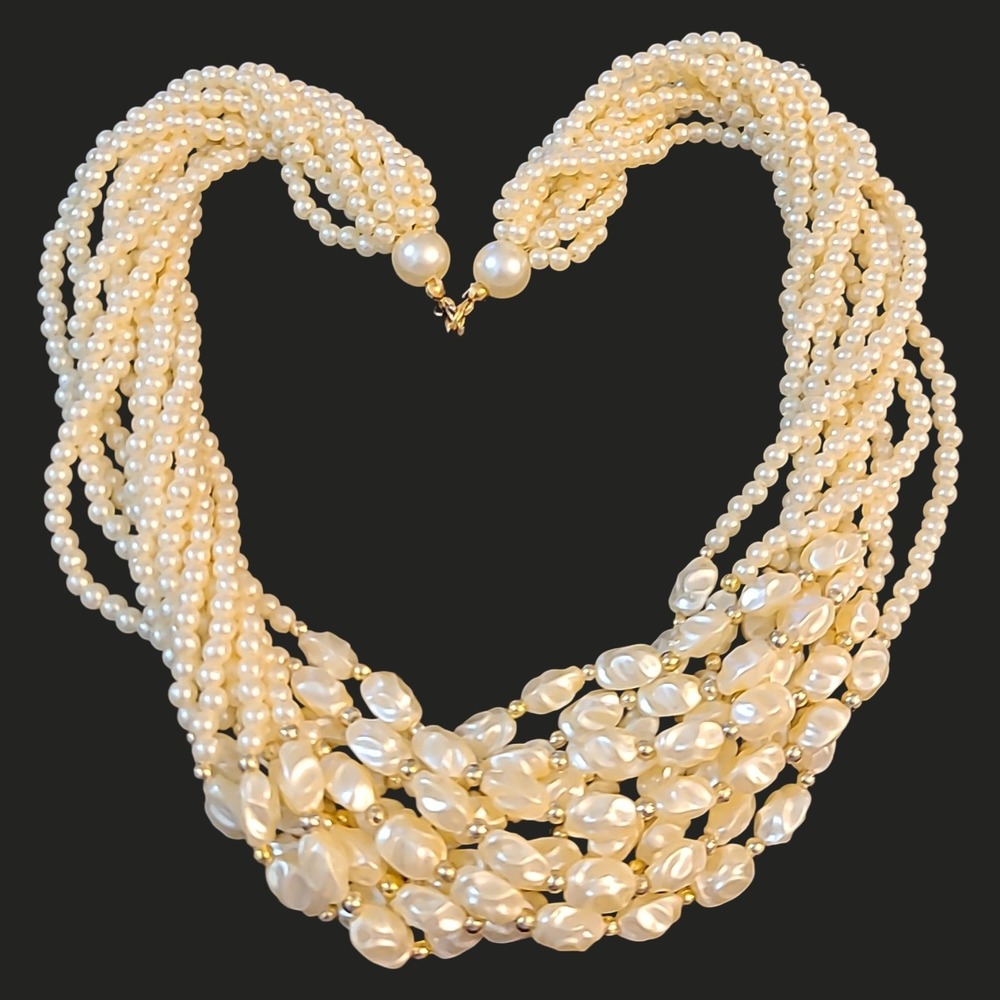 Vintage Faux Pearl Multi‎ Strand Statement Necklace Chunky Bib 16 Inch
